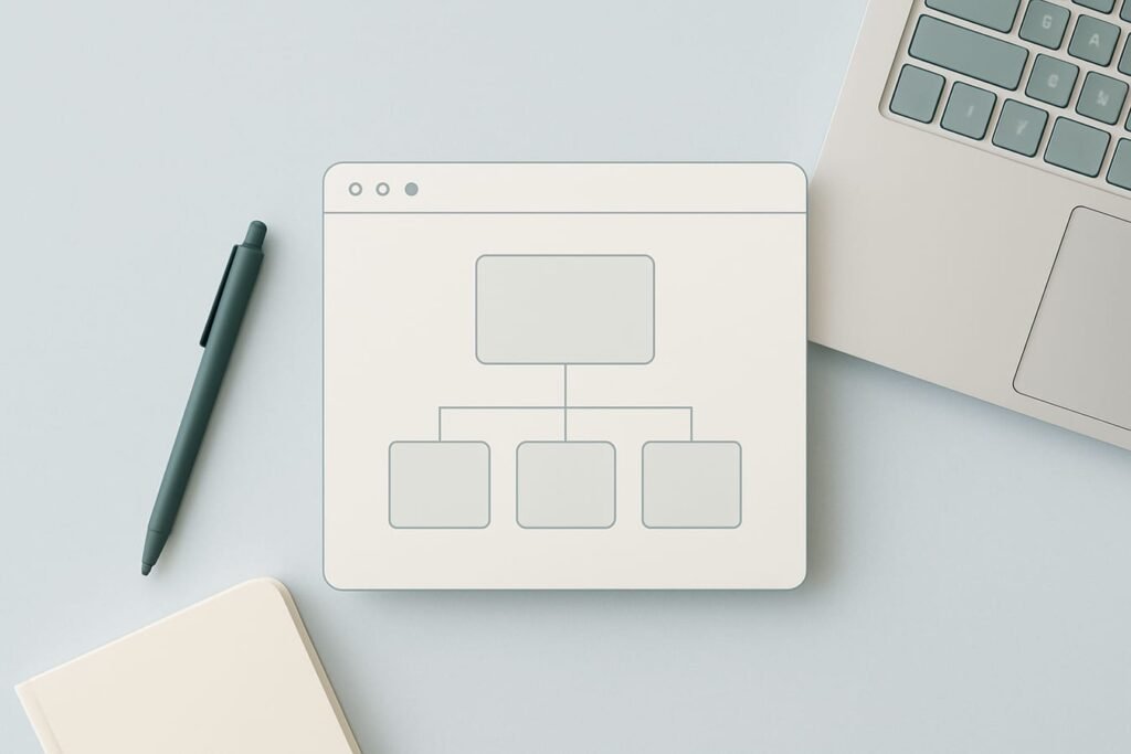 Minimal white workspace with a closed silver laptop, blank notebook, pen, and a simple wireframe sitemap sketch on a clipboard—cool white background, no text visible.