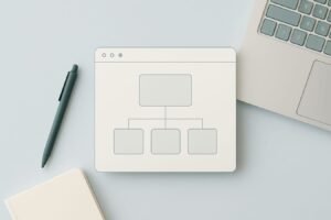 Minimal white workspace with a closed silver laptop, blank notebook, pen, and a simple wireframe sitemap sketch on a clipboard—cool white background, no text visible.