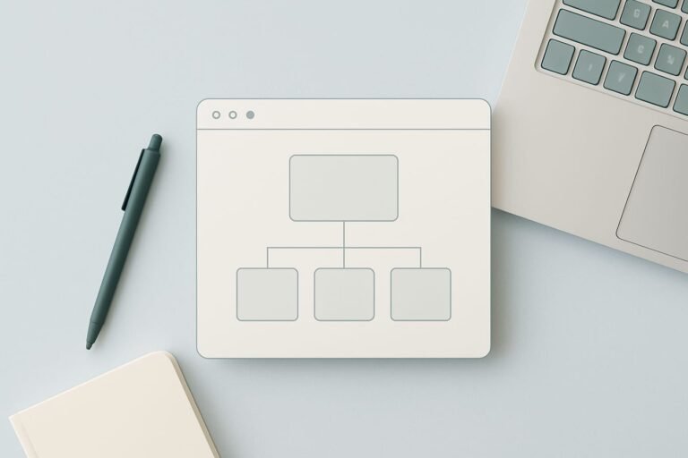 Minimal white workspace with a closed silver laptop, blank notebook, pen, and a simple wireframe sitemap sketch on a clipboard—cool white background, no text visible.