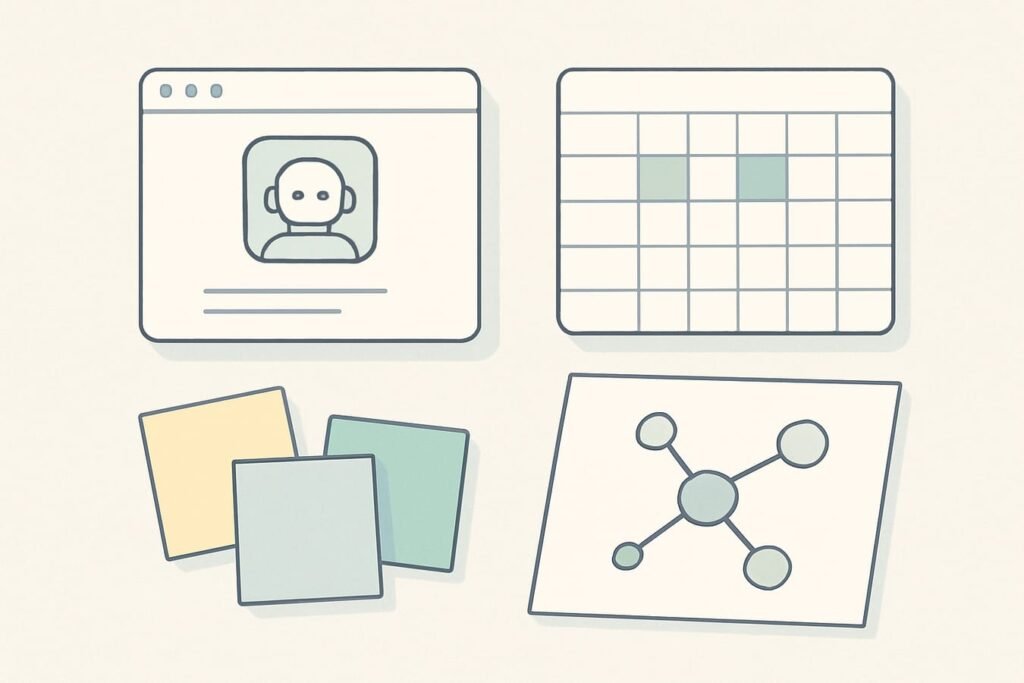 Clean white desk with laptop, blank content calendar, sticky notes, and a minimal mind-map sketch symbolizing AI-assisted topical planning