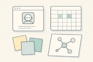 Clean white desk with laptop, blank content calendar, sticky notes, and a minimal mind-map sketch symbolizing AI-assisted topical planning