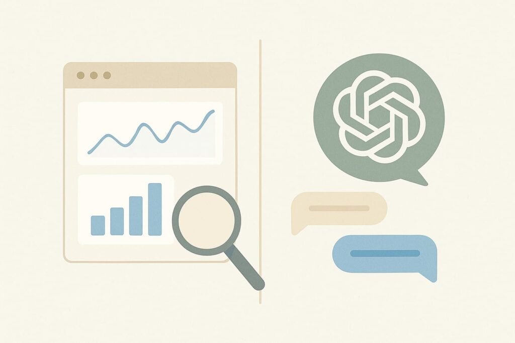 ChatGPT-style analysis of Google Search Console charts on a clean analytics dashboard, abstract shapes on an off-white textured background