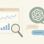 ChatGPT-style analysis of Google Search Console charts on a clean analytics dashboard, abstract shapes on an off-white textured background