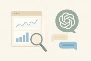 ChatGPT-style analysis of Google Search Console charts on a clean analytics dashboard, abstract shapes on an off-white textured background