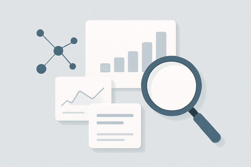 Abstract analytics dashboard elements and magnifying glass over content cards on a soft blue-gray background