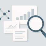 Abstract analytics dashboard elements and magnifying glass over content cards on a soft blue-gray background