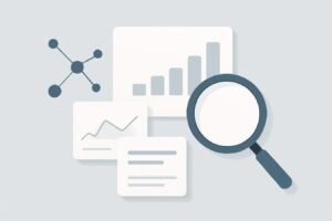 Abstract analytics dashboard elements and magnifying glass over content cards on a soft blue-gray background