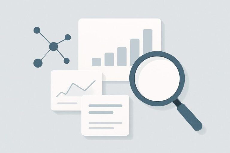 Abstract analytics dashboard elements and magnifying glass over content cards on a soft blue-gray background